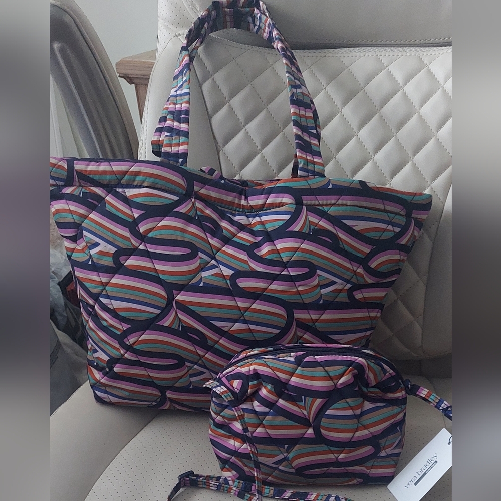 Quilted Stripe Pattern Tote and Pouch Set - Purple Multicolor